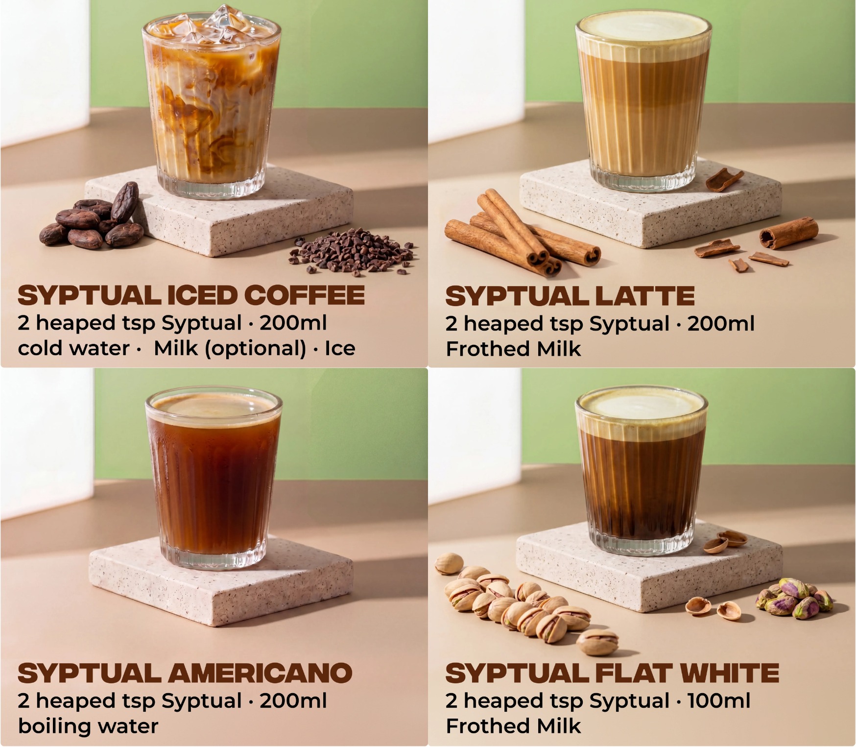 Four ways to brew Syptual: iced coffee, latte, americano, flat white